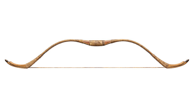 Antique recurve bow with wooden texture, traditional composite archery bow, historical hunting weapon for sports and reenactment isolated PNG with Transparent Background