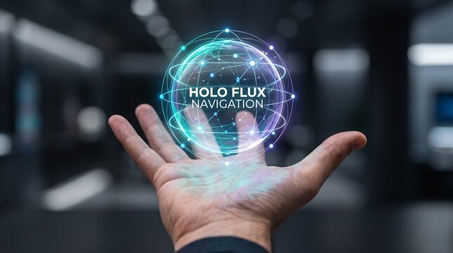 Holo flux navigation concept with glowing blue digital globe hovering above open palm in dark office.
