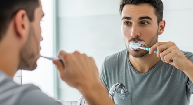 Young man brushing his teeth looking into the bathroom mirror in the morning
