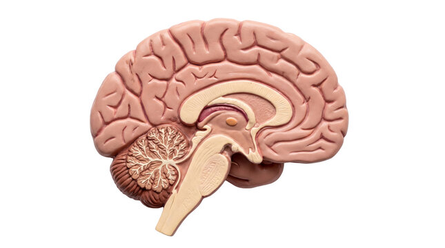 Human brain anatomical model showing internal structure, pink medical cross-section of cerebral cortex, educational tool for neurology and science isolated PNG with Transparent Background