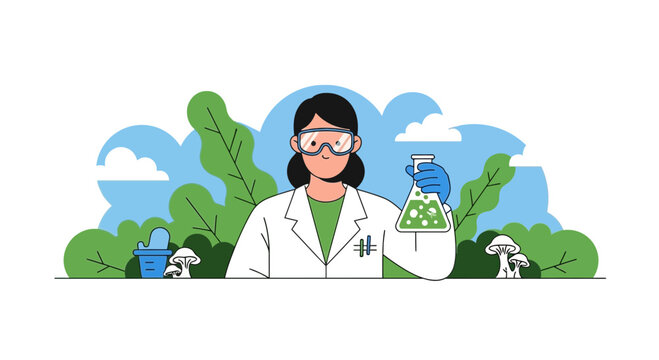Female scientist holding laboratory flask with green liquid in nature background, flat vector illustration for biotechnology and environmental science concepts.