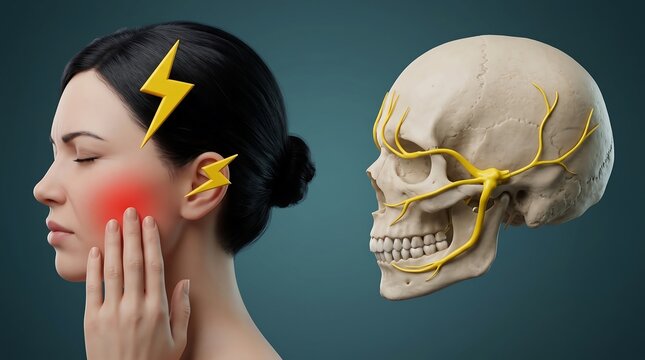 Woman experiencing severe trigeminal neuralgia facial pain with anatomical skull representation of nerves