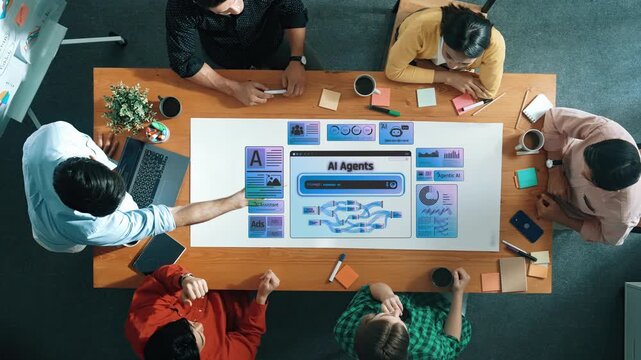 Collaborative Team Meeting Focused on AI Technology and Innovation with Digital Display of AI Agents and Data Analytics in a Modern Workspace Sigmoid