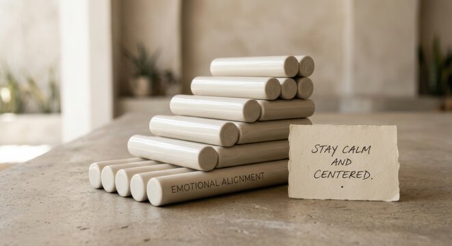 Minimalist Ceramic Rods Stacked with 'Emotional Alignment' Message