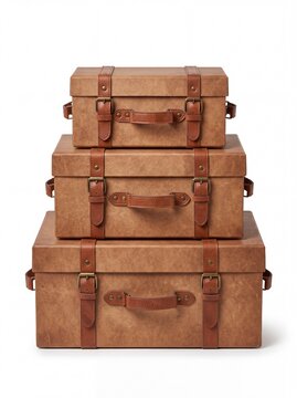 Stack of Vintage Brown Leather Suitcases Isolated on White Background