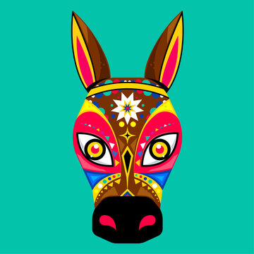 Isolated Colombia Barranquilla carnival burro mask flat vector graphic on solid cyan background