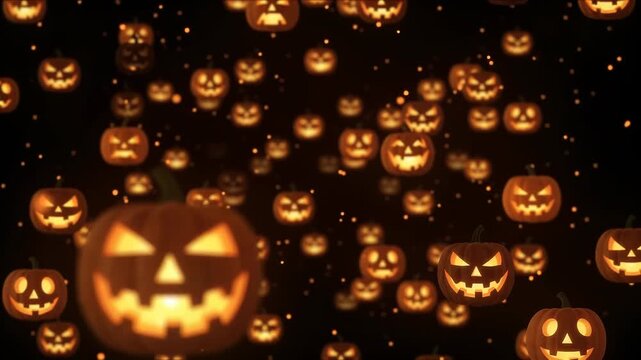 Halloween glowing pumpkins. Halloween animated background of animated scary pumpkins and particles