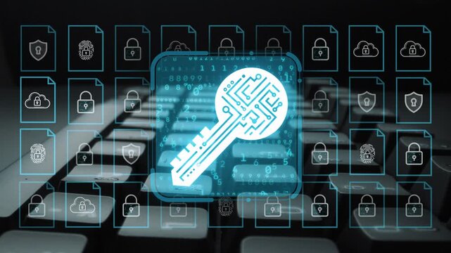 Digital key symbolizing cybersecurity with locks, documents, and technology patterns on a computer keyboard background. Entropy.