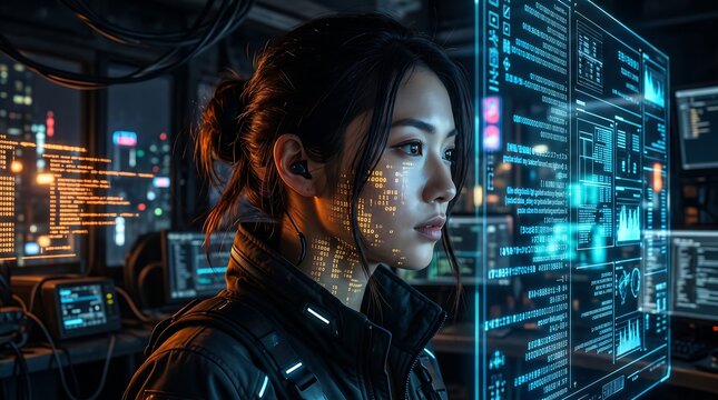 Cybersecurity expert female hacker looking at glowing blue binary code data stream in dark server room