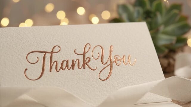 Rose Gold Foil Thank You Card - A close-up shot showcases a textured white thank you card with rose gold foilstamped letters. The card is adorned with a white ribbon and a succulent in the background.