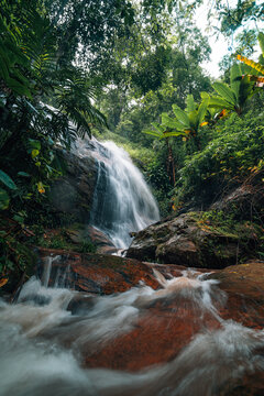 Beautiful cascading waterfall deep in a lush green tropical rainforest environment.
