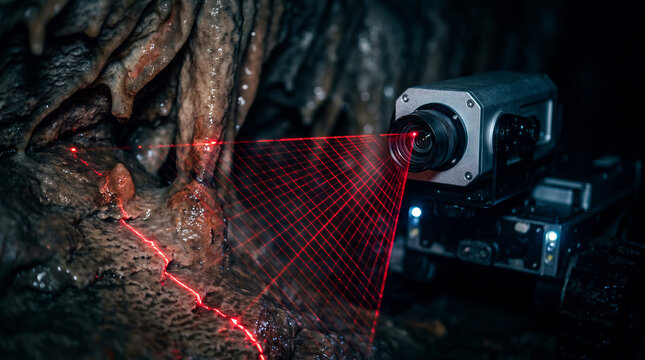 Inspection robot with red laser grid scanning wet cave wall, underground exploration and 3D mapping technology concept