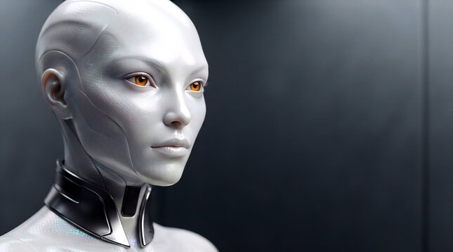 Futuristic white humanoid robot with orange eyes and metallic neck collar, advanced robotics and cyborg concept with copy space