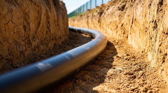 Black HDPE pipeline laid in excavated trench with clay soil walls, underground utility construction and infrastructure concept