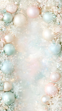 Festive Christmas background with pastel ornaments and snowflakes