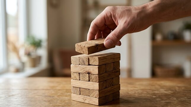 Person carefully placing wooden block on tower for strategic balance