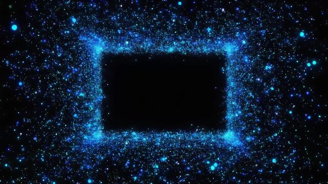 Shimmering blue particles forming a glowing rectangular frame on a black background.