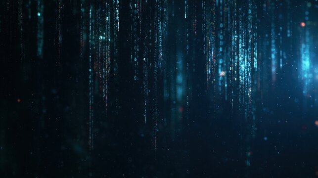 Digital rain of binary code falling in dark futuristic abstract background
