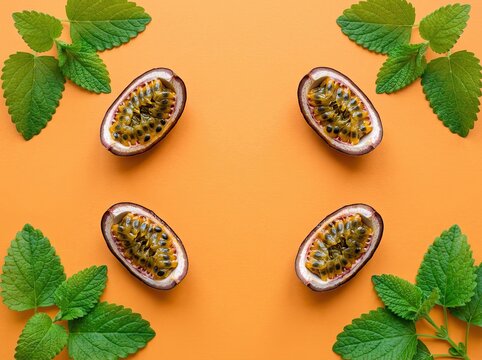 Top View of Halved Passion Fruits and Fresh Mint Leaves Arranged Symmetrically on Vibrant Orange Background