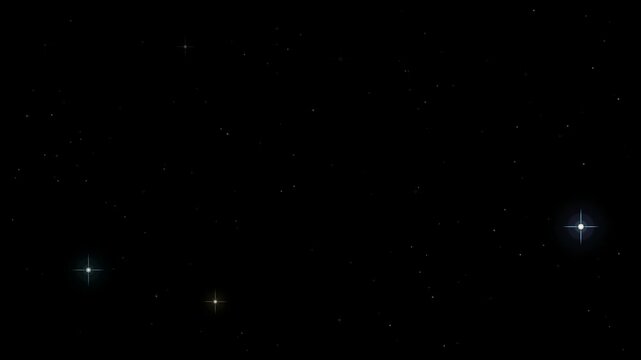 Loop Twinkling stars animation with glowing white, blue and golden points of light fading in and out on a pure black night sky background a static-camera space backdrop for astronomy and galaxy themes