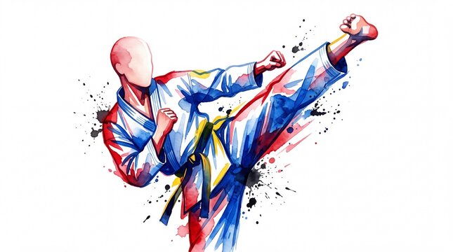 Watercolor karate sport vektor illustration of fighter high kick