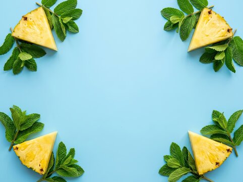 Top View of Pineapple Slices and Fresh Mint Leaves Frame on Light Blue Background with Copy Space