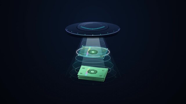 A futuristic neon UFO uses a volumetric energy beam to scan and materialize generic banknotes into a stack of cash, representing wealth, finance, technology, and digital value.