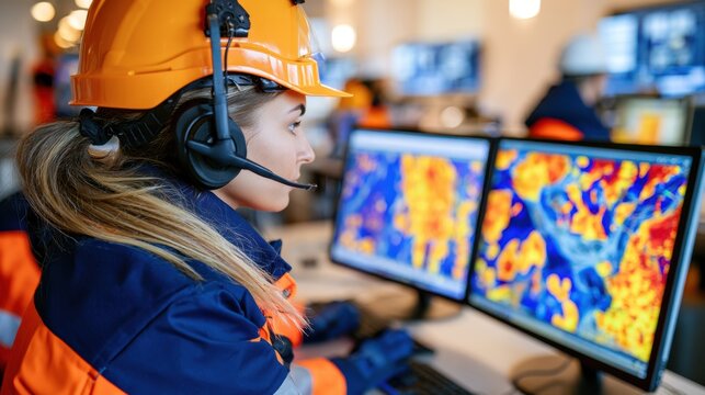 Female engineer wearing protective helmet using thermal imaging monitors in control room