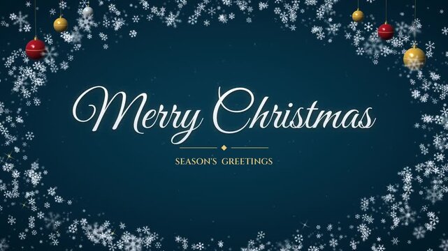 Merry Christmas white script text in frame of swirling snowflakes on dark teal with hanging red and gold ornaments