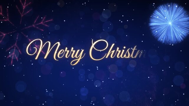 Merry Christmas gold script text with fireworks forming tree, snowflake and star shapes on dark blue bokeh night sky