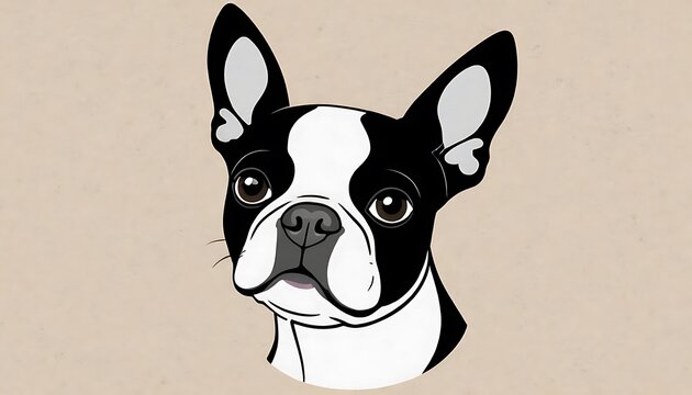 Cute Boston Terrier Portrait Illustration On Beige Background.
