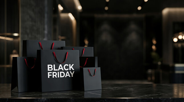 Black Friday shopping bags on dark marble surface in luxury retail store