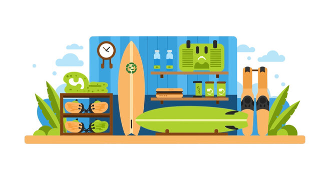 Eco-friendly surf rental shop flat vector illustration