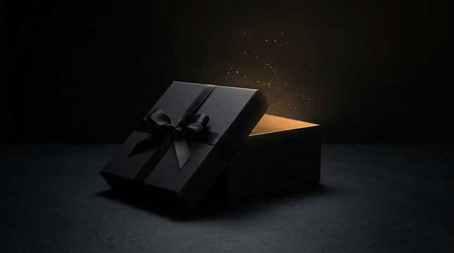 Black gift box with a glowing magical light and golden sparkles inside