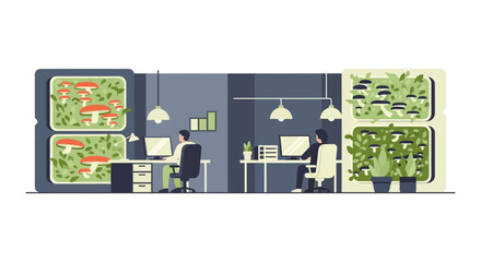 Fototapeta premium Flat vector illustration of a sustainable office with vertical mushroom farming and employees at desks.