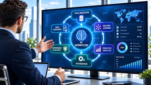 AI Data Workflow Dashboard for Machine Learning, Predictive Analytics, Governance and Automated Enterprise Processing