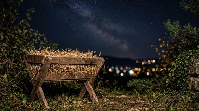 An empty manger filled with hay sits outdoors under a starry night sky with city lights in the distance