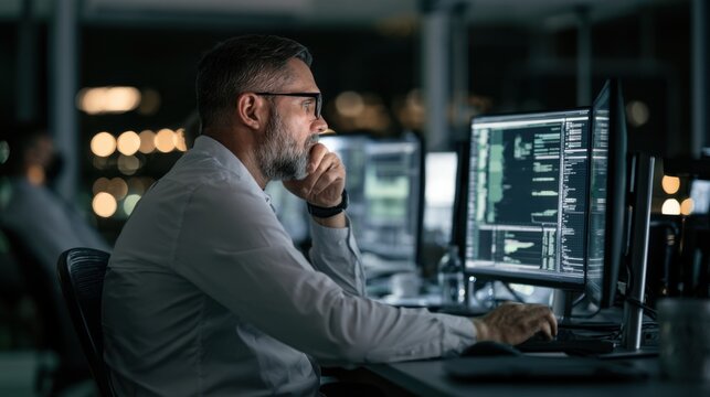 Male software developer working at desktop computer in modern office environment