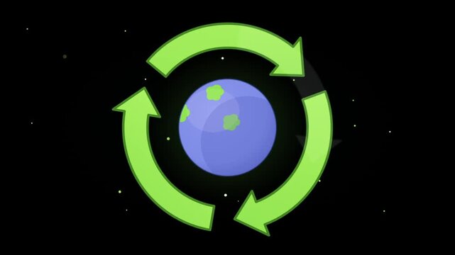 Sustainable green recycle symbol rotating around a stylized planet Earth globe icon with smooth motion graphics and a seamless loop animation suitable for OBS overlays and environmental media.