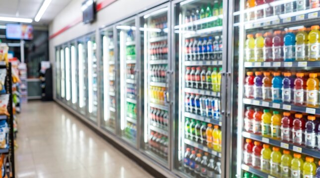 Blurred shelves of refrigerated drinks inside modern convenience store showing variety of colorful bottled beverages in glass coolers