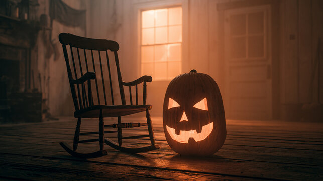 Spooky carved jack o lantern glowing beside a wooden rocking chair inside abandoned dusty room
