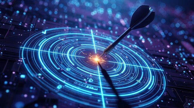 Dart hitting bullseye on digital technology circuit board background representing success and strategic precision in cybersecurity or business