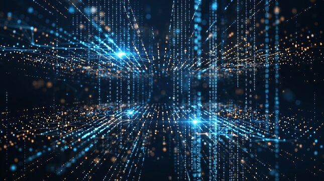 Abstract data stream background with binary code and glowing particle connections representing big data flow and advanced digital communication