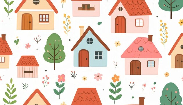 Real estate and housing market seamless pattern with cute cartoon houses and trees for home decor and interior design background Residential neighborhood and community living cozy cottage