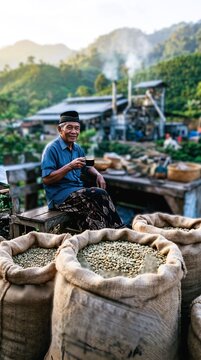 Happy senior Asian farmer in peci hat sitting at coffee farm holding a cup of fresh warm coffee