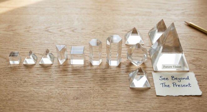 Collection of Transparent Geometric Prisms Arranged on a Wooden Surface