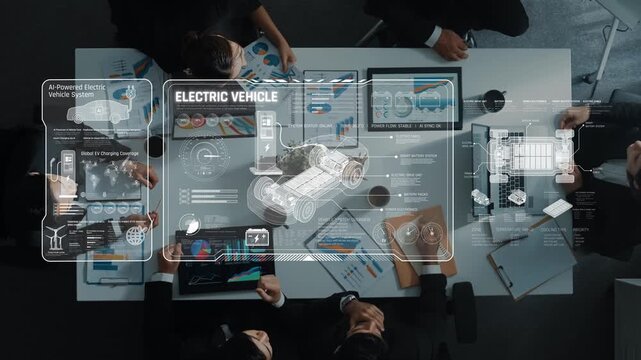A diverse team collaborates on electric vehicle technology, analyzing digital interfaces and diagrams that showcase innovative engineering solutions and future concepts. Raster