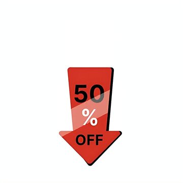 Red arrow shaped sticker with 50 percent off text for sales and discounts marketing