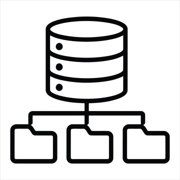 Database server icon with connected folder structures in black line art for organized digital data management.