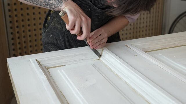 Precise craftswoman removing putty with chisel tool from old wooden door in restoration workshop, female woodworker carefully scraping off filler from surface, furniture manufacturing and renovation.